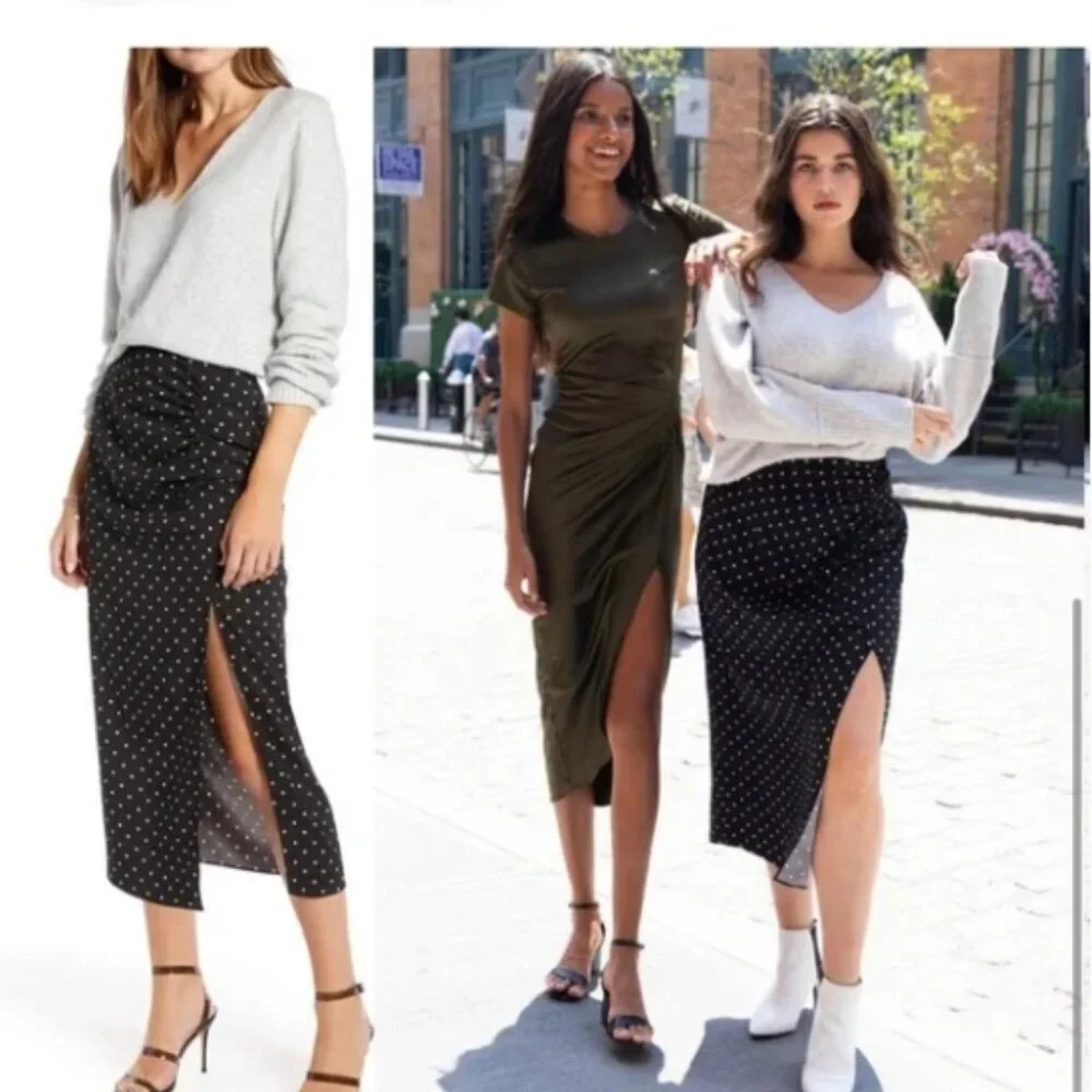 NWOT - Something Navy Rouched Midi Slip Skirt Black w. White Polka Dot - Size S